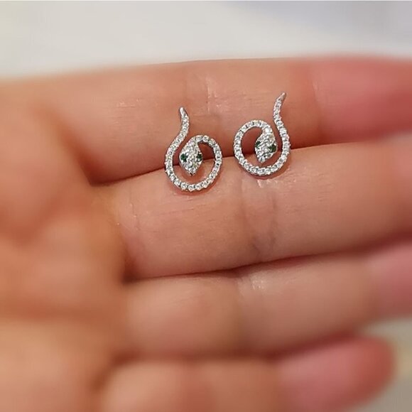 Genuine emerald gemstone CZ snake stud  earrings in Sterling Silver 🆕 - Picture 3 of 10